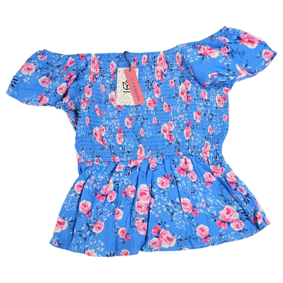 Andree Unit Wom Med NWT Blue Pink Floral Smocked Off Shoulder Short Sleeve Top - Picture 2 of 10